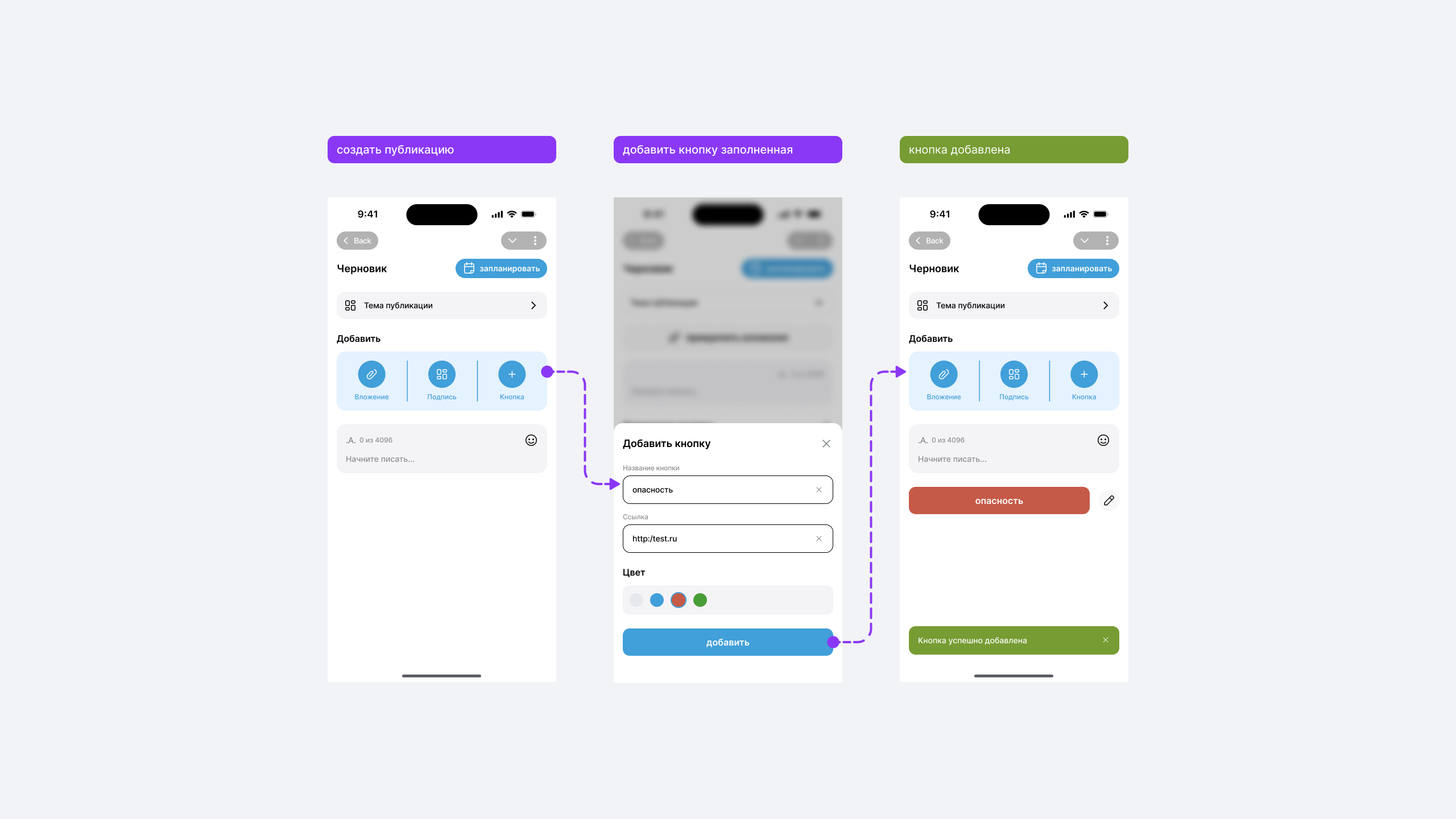Редактор публикаций с добавлением кнопок и вложений