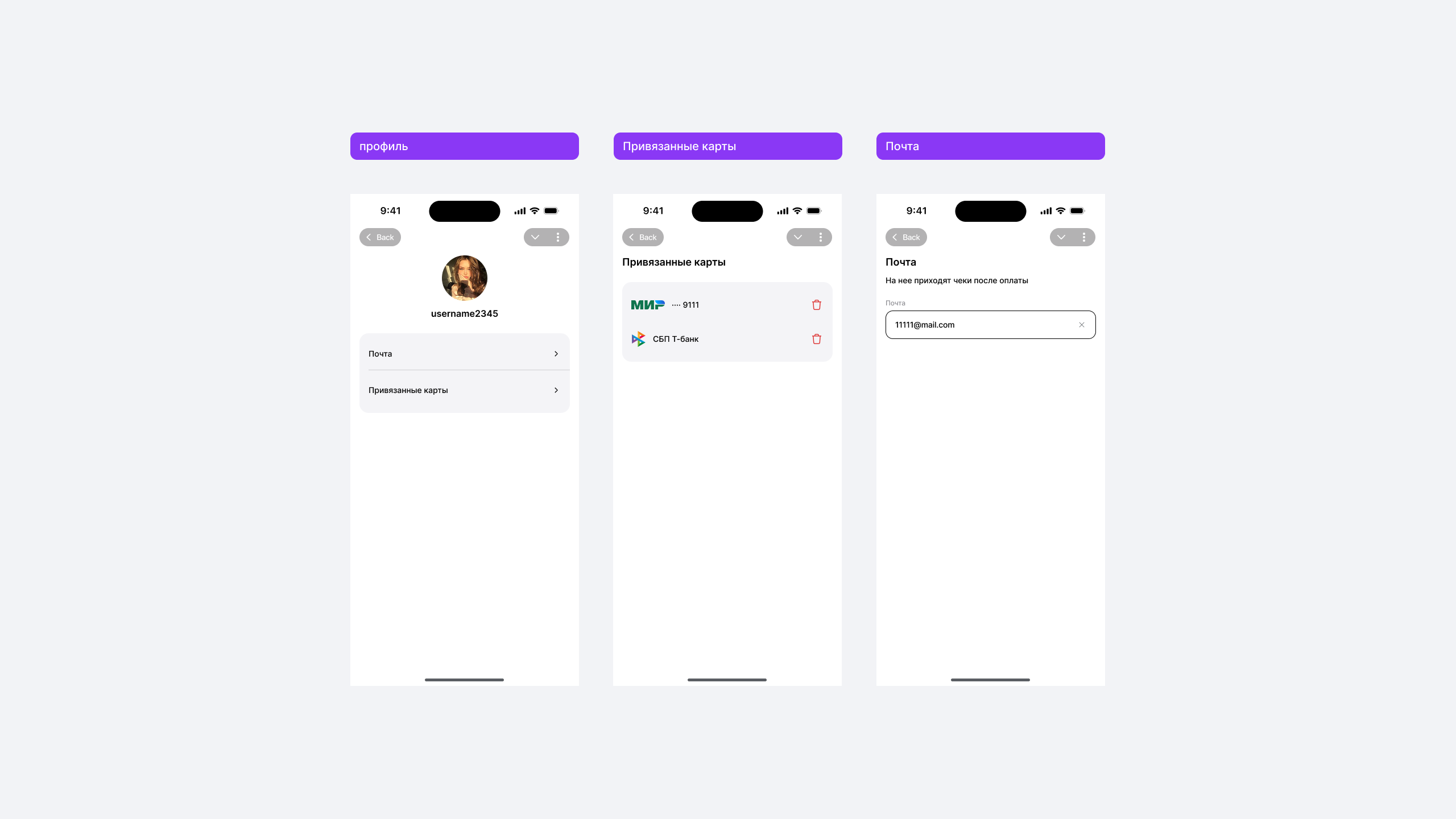Профиль пользователя, привязанные карты и почта для чеков