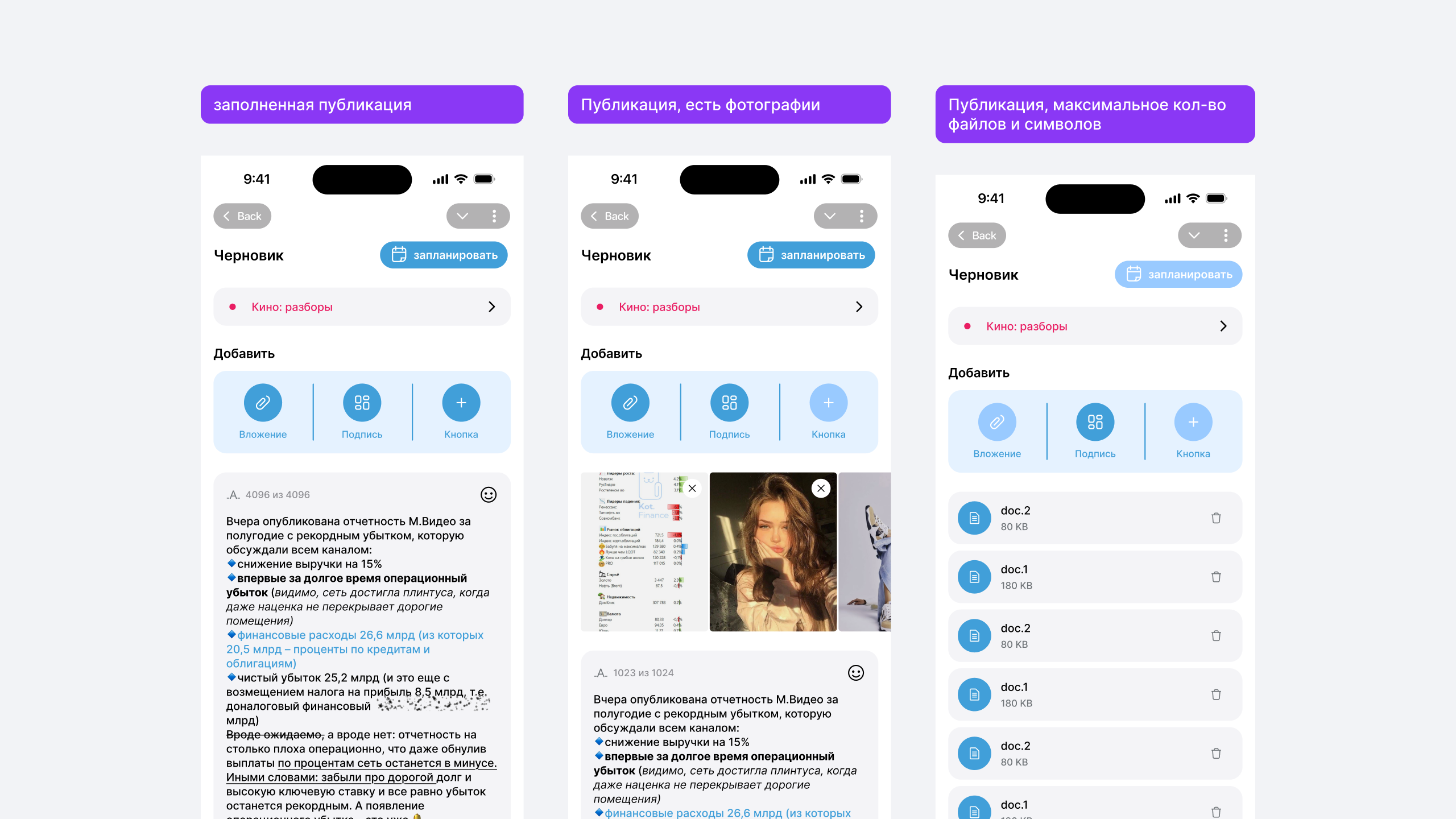 Редактор публикаций с разными сценариями заполнения поста